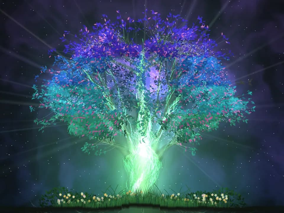 Yggdrasil on this site, grown in full: a trunk braided from threads of green light, a crown of blue, violet and teal leaves, and flowers at its foot.